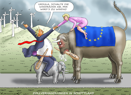 Cartoon: ZOLLVERHANDLUNGEN IN SCHOTTLAND (medium) by marian kamensky tagged zollverhandlungen,in,schottland,eu,trump,usa,zollverhandlungen,in,schottland,eu,trump,usa