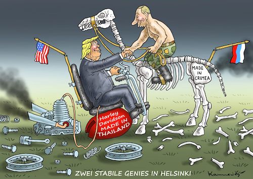 Cartoon: ZWEI STABILE GENIES IN HELSINKI (medium) by marian kamensky tagged obama,trump,präsidentenwahlen,usa,baba,vanga,republikaner,inauguration,demokraten,wikileaks,g7,kanada,faschismus,putin,helsinki,obama,trump,präsidentenwahlen,usa,baba,vanga,republikaner,inauguration,demokraten,wikileaks,g7,kanada,faschismus,putin,helsinki