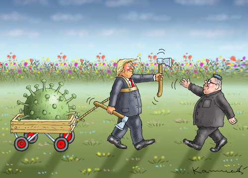 Cartoon: ZWEI SUPERMÄNNER RETTEN DIE WELT (medium) by marian kamensky tagged coronavirus,epidemie,gesundheit,panik,stillegung,trump,pandemie,coronavirus,epidemie,gesundheit,panik,stillegung,trump,pandemie