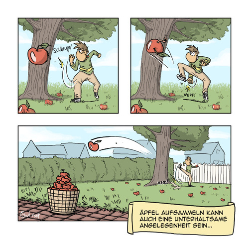 Cartoon: Äpfelweitwurf (medium) by joak tagged spiel,spaß,herausforderung,werfen,korb,garten,olympischedisziplin,sport,weitwurf,apfelbaum,apfel,comicstrip,comic