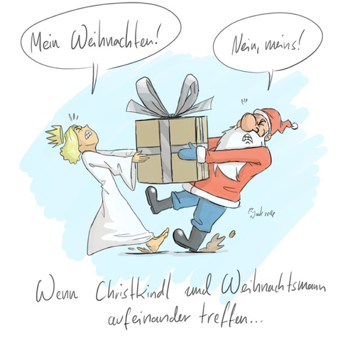 Cartoon: Christkindl vs. Weihnachtsmann (medium) by joak tagged christmas,weihnachten,eve,heiligabend,weihnachtsmann,santa,clause,kampf,streit,battle,beef,dispute,conflict,konflikt