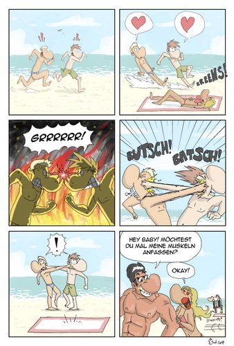 Cartoon: Wenn zwei sich streiten... (medium) by joak tagged prügeln,schlagen,kampf,liebe,verliebt,surferboy,muskeln,badehose,bikini,mädchen,frau,anmachen,freundschaft,meer,strand,comicstrip,comic