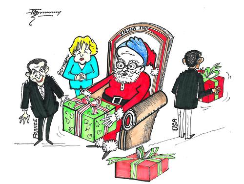 Cartoon: Indian Santa (medium) by Thommy tagged santa,india,usa,france,germany,manmohan,singh