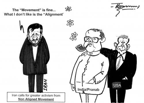 Cartoon: Iran and  Non-Aligned Movement (medium) by Thommy tagged iran,nam,india,usa