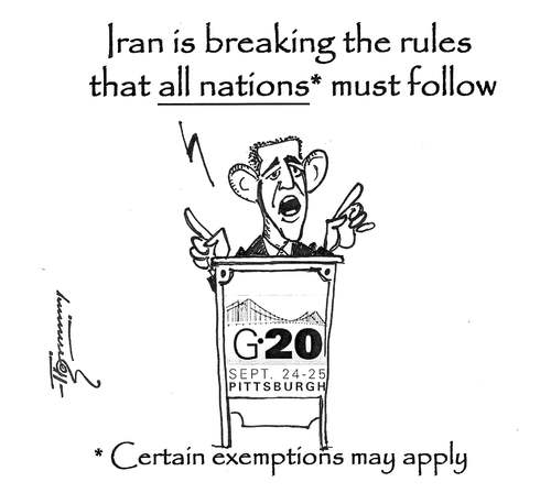 Cartoon: Rules that ALL nations to follow (medium) by Thommy tagged obama,g20,iran,nuclear