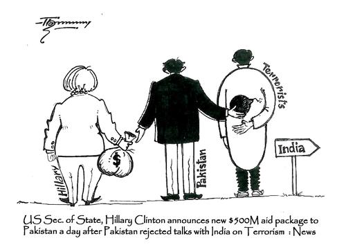 Cartoon: US financial aid to Pakistan (medium) by Thommy tagged us,aid,pakistan,india,terrorism,cartoon