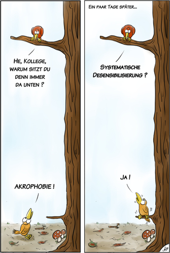 Cartoon: Systematische Desensibilisierung (medium) by Andreas Vollmar tagged desensibilisierung,höhenangst,angst,akrophobie,phobie,tiere,vögel