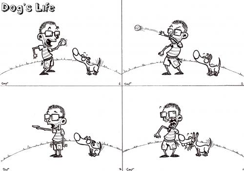 Cartoon: dogs life (medium) by buddybradley tagged sketch,sketchbook,strip,comic,dog,ball,me,myself,play,nice,stupid,illustration,fumetto,cartoon,bianco,nero,black,white