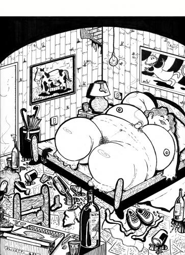 Cartoon: the fat woman (medium) by buddybradley tagged fat,woman,kick,bukowski,buck,drunk,caricature,black,and,white,illustration