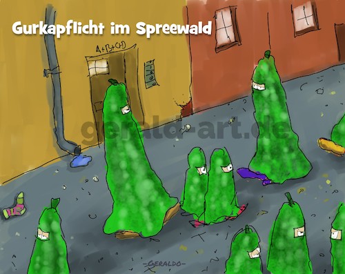 Cartoon: Gurkapflicht im Spreewald (medium) by geralddotcom tagged burka,schleier,gurke,gurken,spreewald