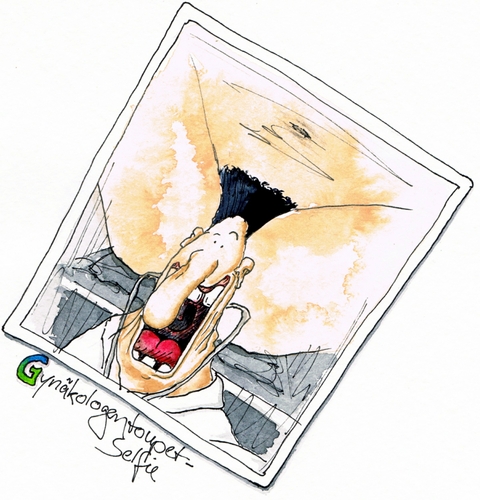 Cartoon: Gynäkologenselfie (medium) by geralddotcom tagged arzt,gynäkologe,frau,frauen,toupet,unmöglich,bescheuert,ausgeliefert,unbemerkt,mann,selfie,foto,photo