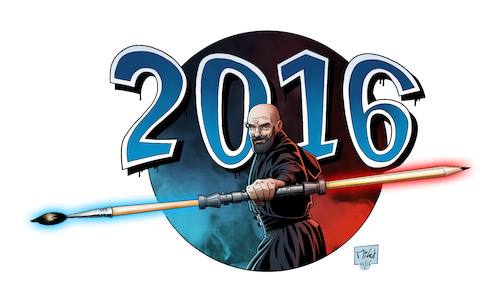 Cartoon: 2016 Greetings card (medium) by Mikl tagged michael,mikl,olivier,miklart,star,wars,sith,jedi,art,illustration,2016,greetings,card,light,saber,lightsaber