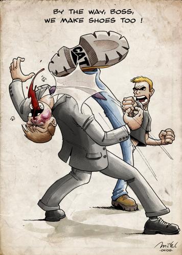Cartoon: Caterpillar redundancy plan (medium) by Mikl tagged mikl,michael,olivier,miklart,art,illustration,painting,caterpillar,redundancy,plan,boss,fight,headshot,kick