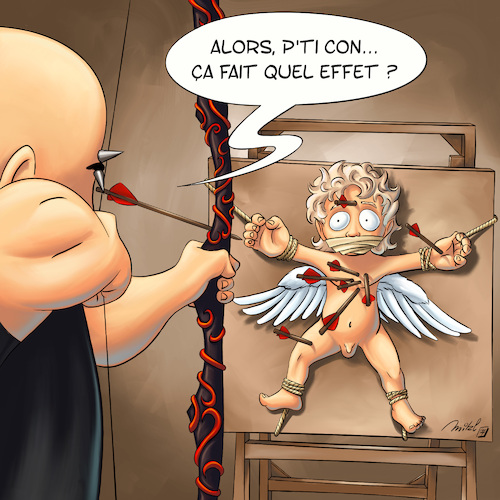 Cartoon: Cupidon - Target (medium) by Mikl tagged mikl,michael,olivier,miklart,art,illustration,painting,cupidon,angel,target,bow,torture