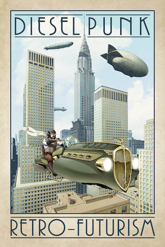 Cartoon: Dieselpunk Retro-Futurism (medium) by Mikl tagged michael,olivier,mikl,miklart,dieselpunk,bike,biker,retro,art,deco,futurism,poster,moto,zepelin,new,york,chrysler,buildings,vintage,skyline,nyc