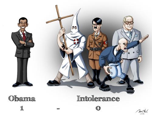 Cartoon: Future Vs History (medium) by Mikl tagged mikl,michael,olivier,miklart,art,illustration,painting,obama,intolerance,nazi,hitler,kkk,klu,klux,klan,skinhead,le,pen