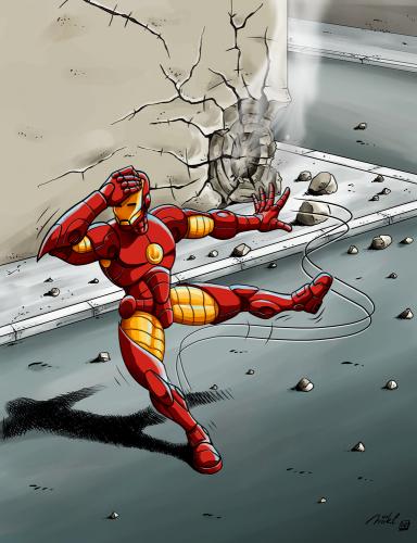 Cartoon: Learning Armorsuit (medium) by Mikl tagged mikl,michael,olivier,miklart,illustration,art,iron,man,armor