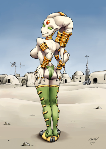 Cartoon: Miss Mos Eisley... in Mos Eisley (medium) by Mikl tagged mikl,michael,olivier,miklart,art,illustration,painting,miss,mos,eisley,pinup,sexy,alien