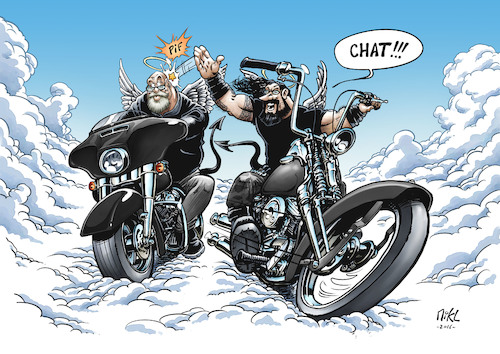 Cartoon: Teebo and Coyote in Heaven (medium) by Mikl tagged michael,mikl,olivier,miklart,illustration,bikes,biker,heaven,paradise,beard,coyote,teebo,play,game,harley,davidson,streetglide,softail