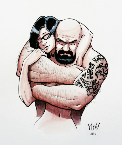 Cartoon: Us by me (medium) by Mikl tagged michael,mikl,olivier,miklart,illustration,watercolor,love,couple,tattoo,us,me