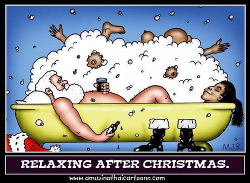 Cartoon: Santa relaxing after Christmas (medium) by Mike J Baird tagged santa,relaxing,bath,happy,joy,christmas