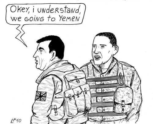 Cartoon: Exit Strategy (medium) by paolo lombardi tagged usa,england,obama,brown,war,krieg,politics,satire,caricature