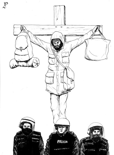 Cartoon: Jesus at border (medium) by paolo lombardi tagged refugees,border,poland,belarus,europe