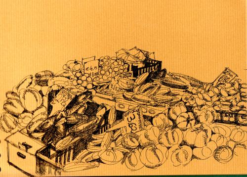 Cartoon: market (medium) by etsuko tagged market,illustration,obst,gemüse,handel,verkauf,essen,lebensmittel,nahrung,ernährung,stand,markt