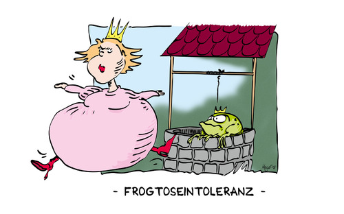 Cartoon: Frogtoseintoleranz (medium) by Mergel tagged frosch,prinzessin,froschkönig,märchen,allergie,brunnen,kuss,zivilisationskrankheiten,allergisch,schock,unverträglichkeit