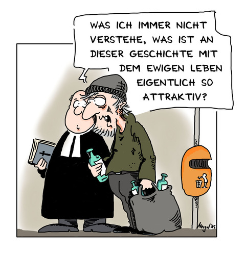 Cartoon: In Ewigkeit (medium) by Mergel tagged ewigkeit,ewiges,leben,religion,christentum,auferstehung,belohnung,konditionierung,bibel,pfaffe,pastor,priester,elend,armut,diesseits,jenseits