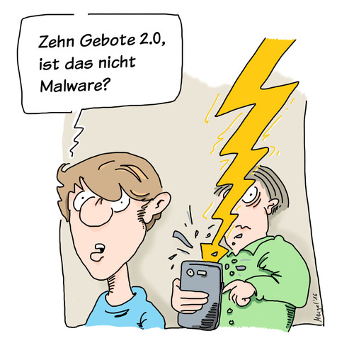 Cartoon: Zehn Gebote 2.0 (medium) by Mergel tagged glaube,gebote,religion,modern,digital,moses,malware,schadsoftware