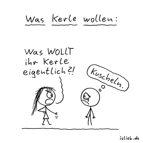 Cartoon: Was Kerle wollen (medium) by islieb tagged männer,frauen,kuscheln,knuddeln,schmusen,kerle,lustig,strichmännchen,islieb