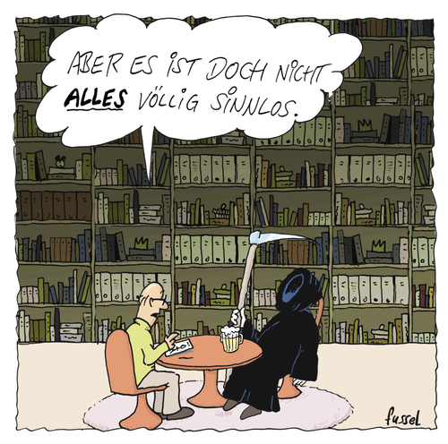 Cartoon: Alles hat ein Ende (medium) by fussel tagged tod,sinnlos,alles,nihilismus,negativ,sensemann,sense,sinnvoll,therapie,positiv,denken,gesprächstherapie,psychologie,psychologe,praxis,optimismus,pessimismus,wees,icke,fussel,cartoons