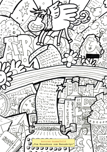 Cartoon: Ausmalbild (medium) by fussel tagged autoren,autorin,autor,schriftsteller,schriftstellerin,langeweile,ausmalbild,pegasus,musenkuss,ideen,finden
