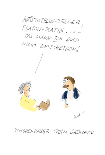 Cartoon: Dilema (medium) by fussel tagged grieche,restaurant,philosophie,schopenhauer,aristoteles,plat,bestellen,dilema,grieche,restaurant,philosophie,schopenhauer,aristoteles,plat,bestellen,dilema