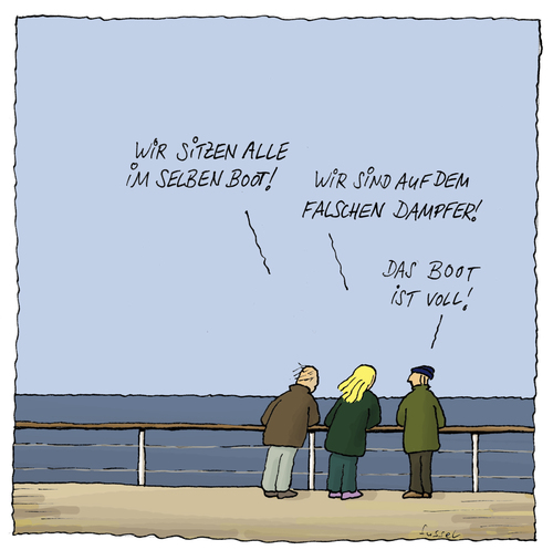 Cartoon: Neulich vor Lampedusa (medium) by fussel tagged boot,voll,falscher,dampfer,flüchtlinge,wirtschaftsflüchtlinge,bootsflüchtlinge,asyl,asylanten,ressentiments,boot,voll,falscher,dampfer,flüchtlinge,wirtschaftsflüchtlinge,bootsflüchtlinge,asyl,asylanten,ressentiments