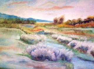 Cartoon: Marshy Bog (medium) by Krinisty tagged scenic,scenery,marsh,bog,water,sky,colors,colorful,trees,shrubs,swamp,pastel,painting,oil