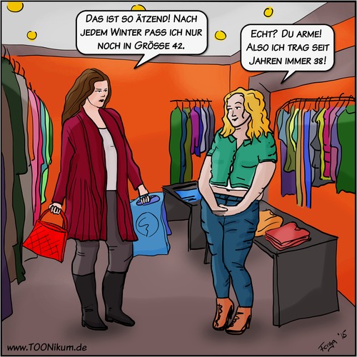 Cartoon: Neulich beim Shoppen (medium) by Fenya tagged frauen,diät,abnehmen,fasten,frühling,einkaufen,klamotten,zunehmen,shoppen,shopping,kleidergröße,konfektionsgröße,größe,cartoon