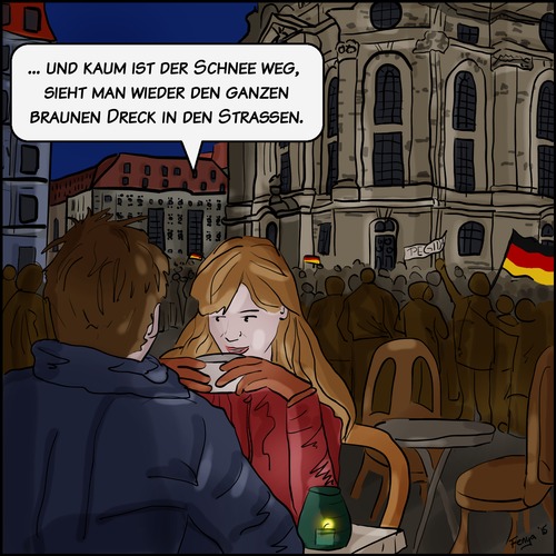 Cartoon: Schneeschmelze (medium) by Fenya tagged pegida,nopegida,dresden,noracism,cafe,demonstration,frauenkirche,rassismus