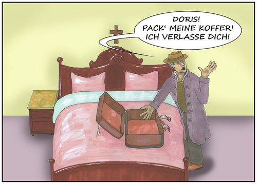 Cartoon: aus und vorbei (medium) by SoRei tagged koffer,ehemann,schlafzimmer,trennung,verlassen,packen,kruzefix,kreuz,ehebett,doppelbett,abschied,szene,drama