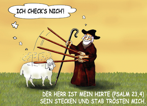 Cartoon: Guter Hirte (medium) by SoRei tagged der,gute,hirte,psalm,schaf,stecken,stab,trösten,bibel,christlich,der,gute,hirte,psalm,schaf,stecken,stab,trösten,bibel,christlich,gewalt,schlagen