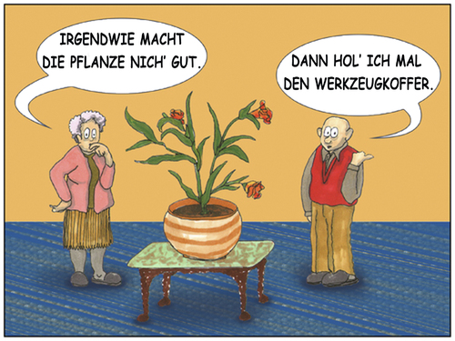 Cartoon: Heimwerker (medium) by SoRei tagged ehepaar,topfpflanze,wohnzimmer,problemlösung,werkzeugkoffer,gut,gemeint