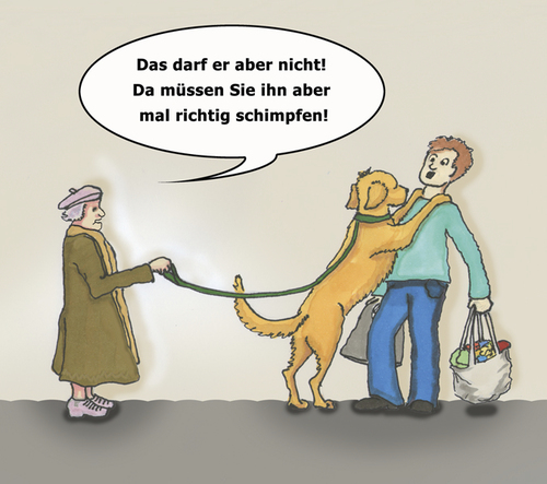 Cartoon: Hundeerziehung (medium) by SoRei tagged fehlurteil,toleranz,tierliebe,erziehung,hund,zuständigkeit,opfer,täter,werkzeug,interpretation,kontrolle,über,situation,einschätzen,selbsteinschätzung,indritte,einfühlen,verantwortung,übertragen,aus,verantwortlichkeit,winden,temperament,gebrechlich