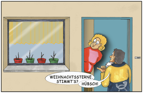 Cartoon: It is over now (medium) by SoRei tagged weihnachtsstern,fensterbank,blumentopf,topfpflanze,eingegangen,hausfrau,frau,postbote,briefträger,haustür,fenster,brief,briefzusteller,kompliment,geheuchelt,wink,mit,dem,zaunpfahl,weihnachtsstern,fensterbank,blumentopf,topfpflanze,eingegangen,hausfrau,frau,postbote,briefträger,haustür,fenster,brief,briefzusteller,kompliment,geheuchelt,wink,mit,dem,zaunpfahl