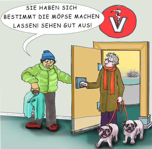 Cartoon: Möpse (medium) by SoRei tagged mops,möpse,hund,hunde,hundeleine,rasse,hunderasse,rassehunde,tierarzt,veterinär,praxis,leine,patient,tiere,tier,vieh,vogelkäfig,vogelbauer,brüste,brust,brustvergrößerung,silikon,silikonbrüste,op,schönheitsoperation,implantat,implantate,brustimplantat,schönheitsideal,tierliebe,doppeldeutigkeit,umgangssprache,umgangssprachlich,äskulapstab,äskulapnatter,tierarztpraxis,tierklinik,kleintiere,kleintierpraxis,gemacht,gemachte,mops,möpse,hund,hunde,hundeleine,rasse,hunderasse,rassehunde,tierarzt,veterinär,praxis,leine,patient,tiere,tier,vieh,vogelkäfig,vogelbauer,brüste,brust,brustvergrößerung,silikon,silikonbrüste,op,schönheitsoperation,implantat,implantate,brustimplantat,schönheitsideal,tierliebe,doppeldeutigkeit,umgangssprache,umgangssprachlich,äskulapstab,äskulapnatter,tierarztpraxis,tierklinik,kleintiere,kleintierpraxis,gemacht,gemachte