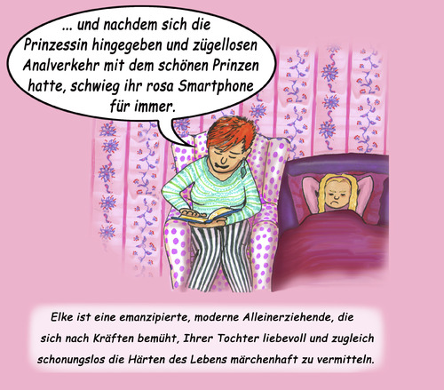 Cartoon: No Happy End (medium) by SoRei tagged träume,feminismus,modernisierung,beispiel,gratwanderung,konflikt,end,happy,prinz,prinzessin,alleinerziehend,mutter,botschaft,vorlesen,emanzipation,sexualität,smartphone,märchen,rosa,zerstörenglitzer