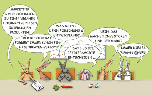 Cartoon: Osterkonzept (medium) by SoRei tagged ostern,osterhase,ostereier,wochenmeeting,marketing,vertrieb,forschung,entwicklung,markt,betriebswirte,betriebsrat,verhandlung,strategiever