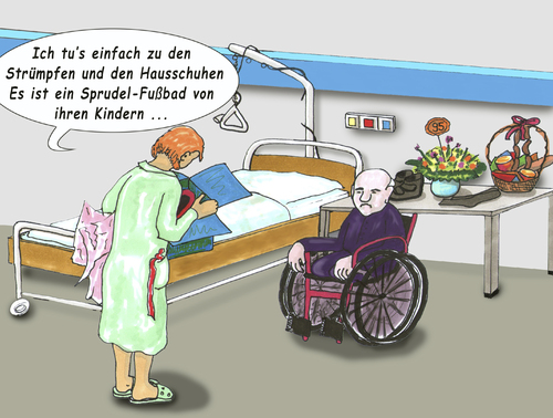 Cartoon: Paradoxes Präsent (medium) by SoRei tagged krankenhaus,krankenpflegerin,patient,geburtstag,geschenke,voll,daneben,hausschuhe,fußbad,socken,beinamputation,rollstuhl,gehbehindert,peinlichkeit