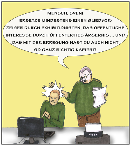 Cartoon: Protokoll (medium) by SoRei tagged polizist,protokoll,erregung,öffentlichen,ärgernisses,tatbestand,subsumieren,exhibitionist,gliedvorzeiger,polizeiinspektion,deutsch,stil,uniform,schreibtisch,drucker,screen,ausdruck,korrektur,sven,amtsdeutsch,juristendeutsch,umgangssprache