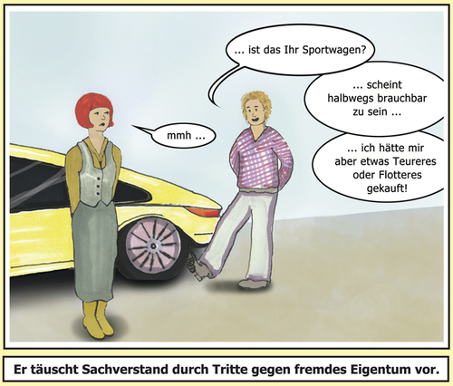 Cartoon: The Expert (medium) by SoRei tagged besserwisser,klugscheißer,mann,frau,überheblich,missgunst,neid,sportwagen,auto,beurteilen,bewerten,qualität,tritt,kfz,diskreditieren,meinung